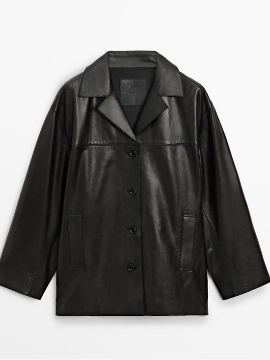 Massimo Dutti Jackets & Blazers - Massimo Dutti Black Leather Button-Front Jacket